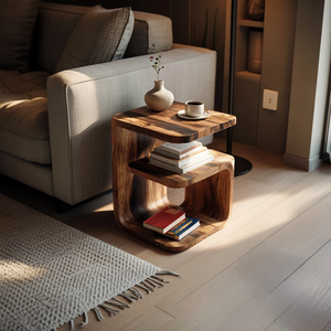 Solid Wood C-Shaped Side Table with Open Shelving