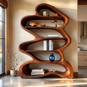 Bookshelf Solid Wood with Sculptural Layered Loop Frame and Open Display Shelves