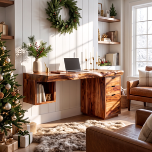 Solid Wood Desk With Drawers And Open Shelf For Home Office