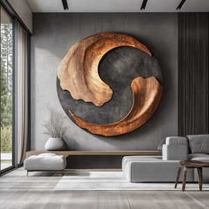 Organic Solid Wood Wall Sculpture with Crescent Cutout and Flowing Grain Relief