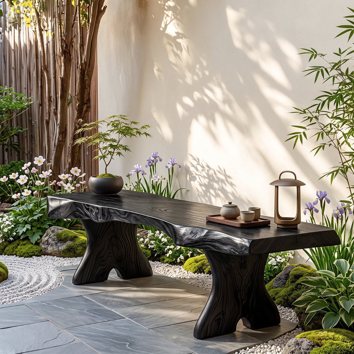 Natural Live Edge Wood Bench with Sculptural Solid Wood Legs