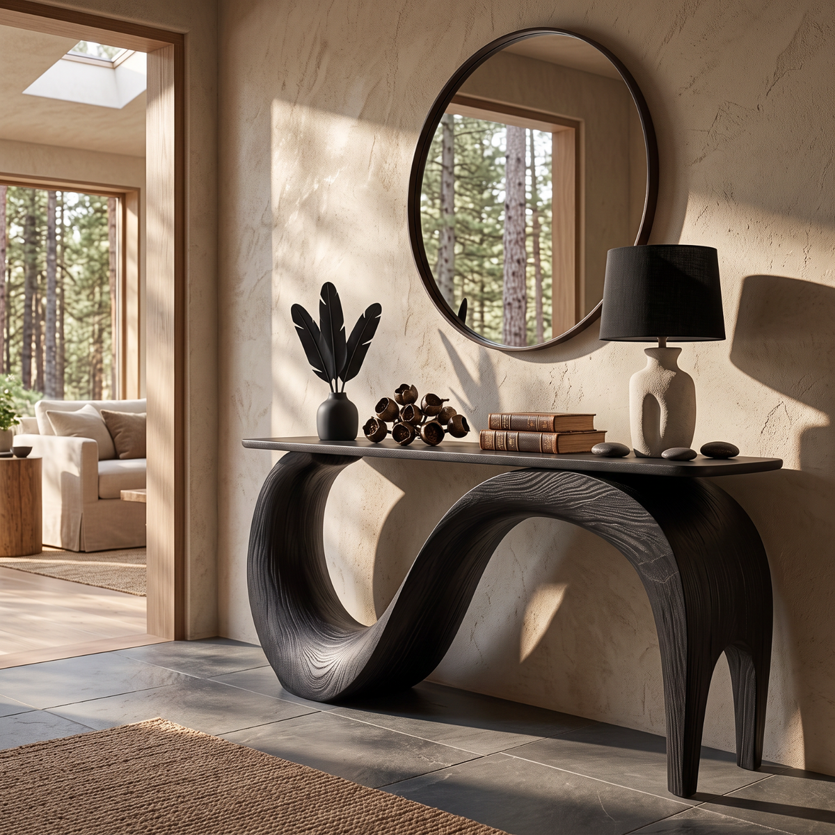 Sculptural Solid Wood Console Table with Flowing Arch Base