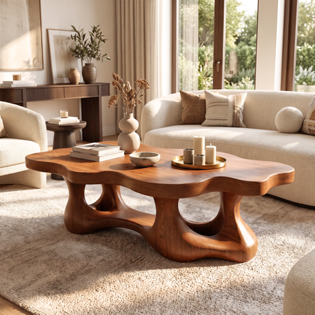 Coffee Table Solid Wood with Organic Double Loop Base for Living Room