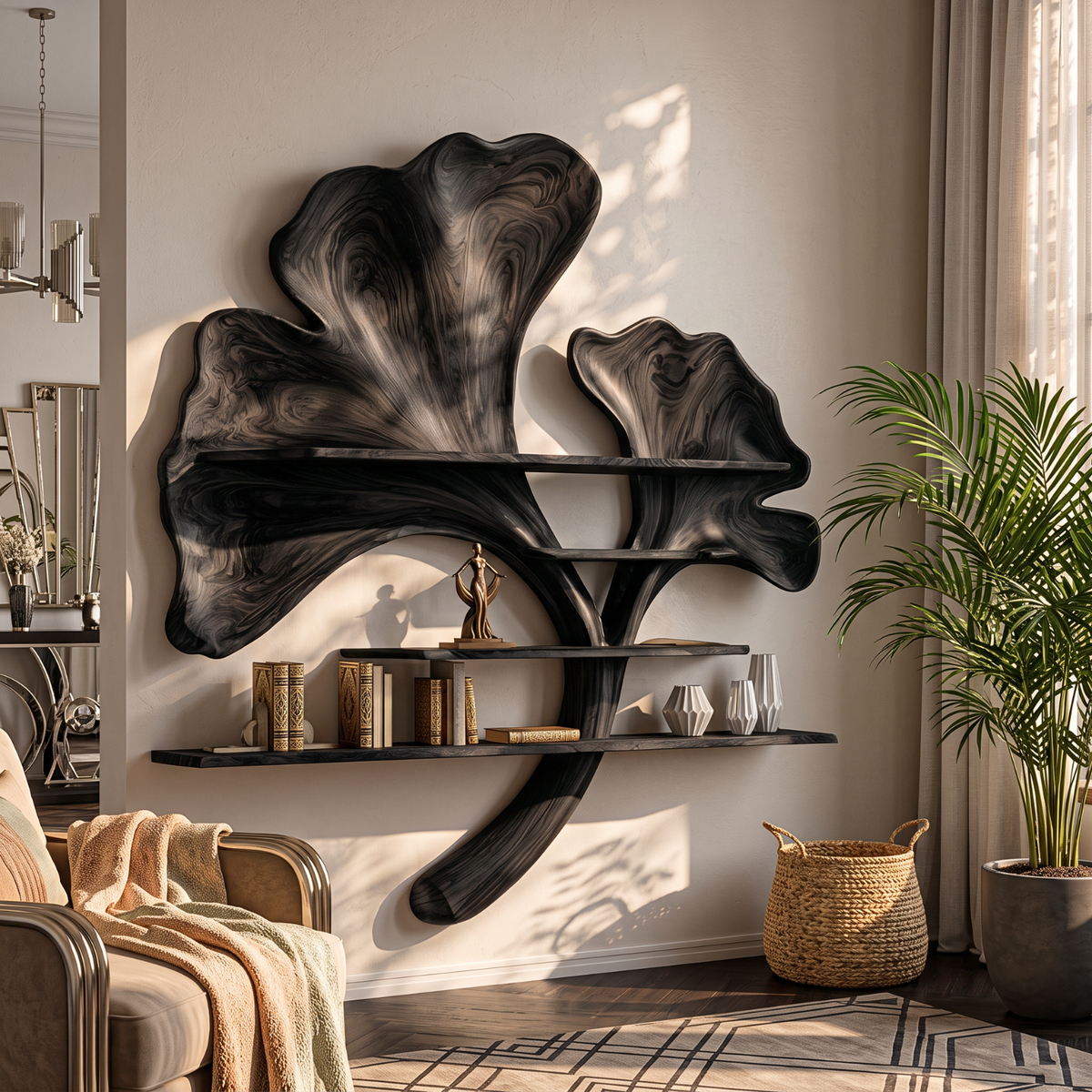 Solid Wood Ginkgo Leaf Wall Shelf Sculpture for Living Room Decor