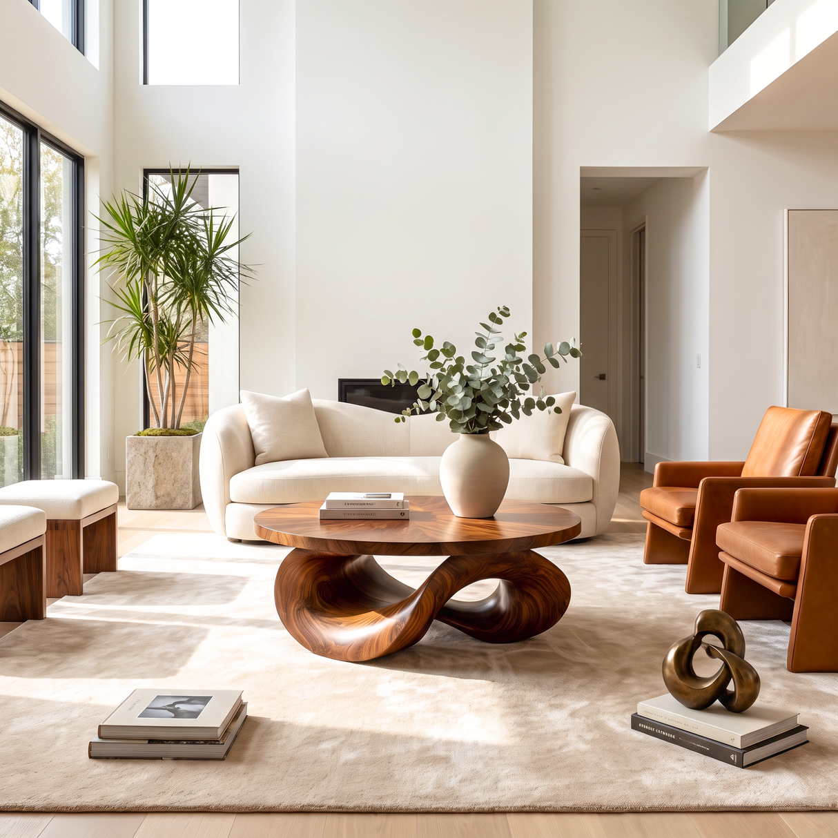 Coffee Table Solid Wood with Sculptural Intertwined Loop Base