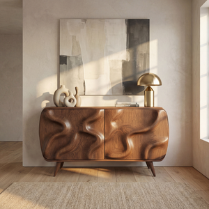 Sculpted Organic Wave Front Solid Wood Sideboard Cabinet