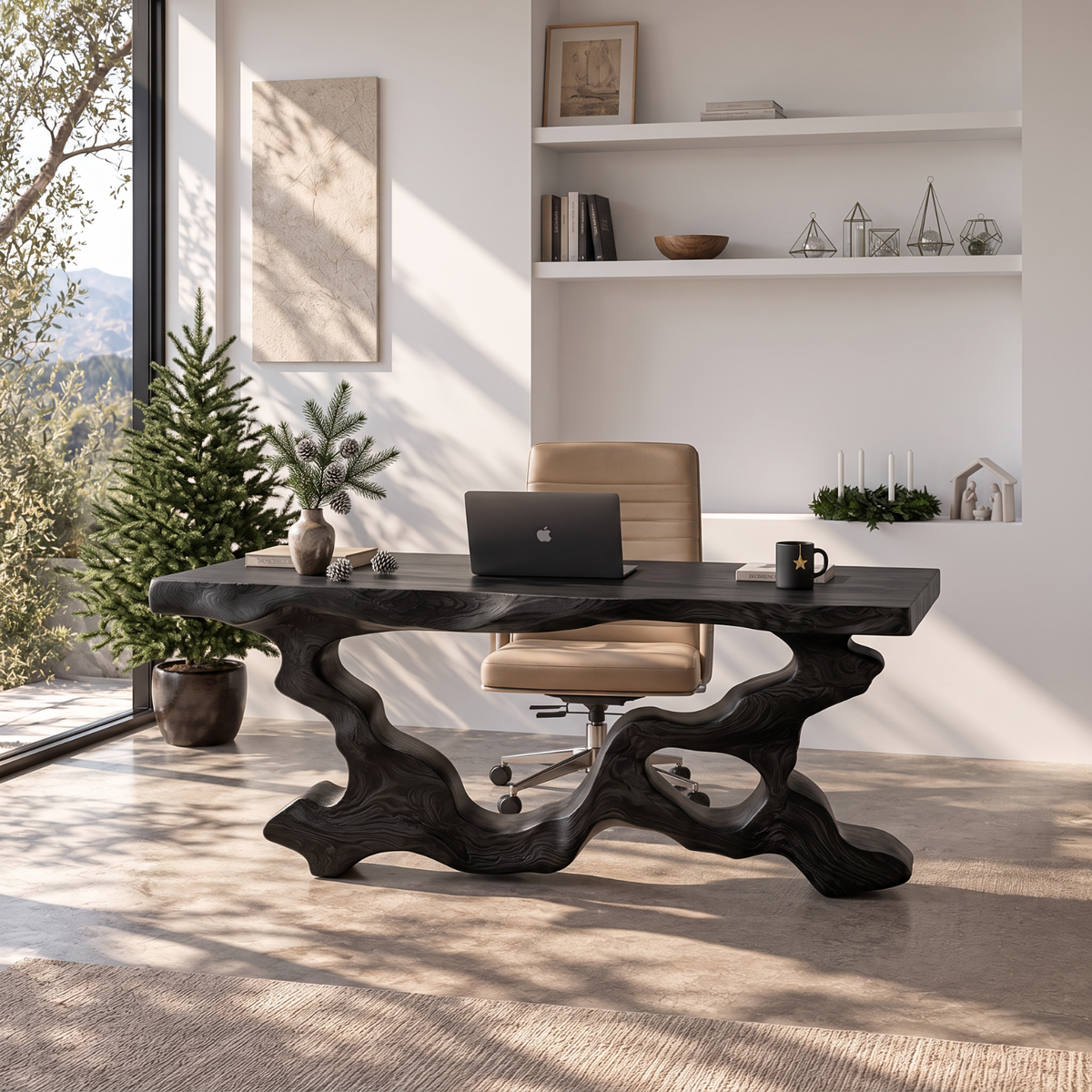 Live Edge Solid Wood Executive Desk with Sculptural Root Frame