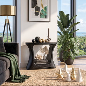Handcrafted Solid Wood Side Table with Open Book Storage and Sculptural Curved Base