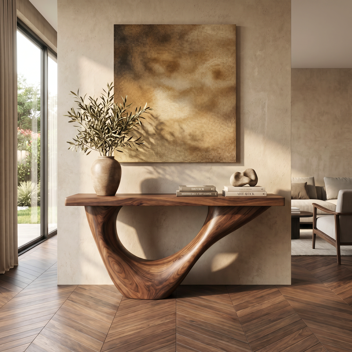Console Table Solid Wood with Sweeping Open Crescent Base