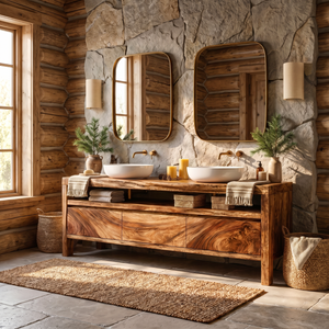 Bathroom Vanity Solid Wood with Double Sink and Open Shelf Storage for Lodge Bathroom