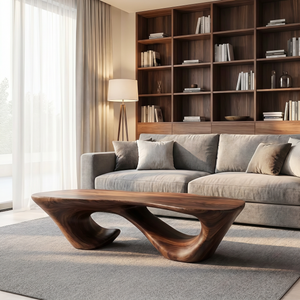 Solid Wood Coffee Table with Double Hollow Sculptural Base for Living Room