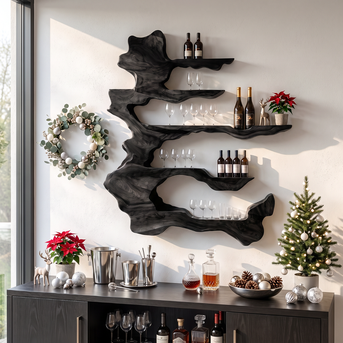Handcrafted Solid Wood Wine Rack with Sculptural Floating Shelves