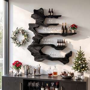 Handcrafted Solid Wood Wine Rack with Sculptural Floating Shelves