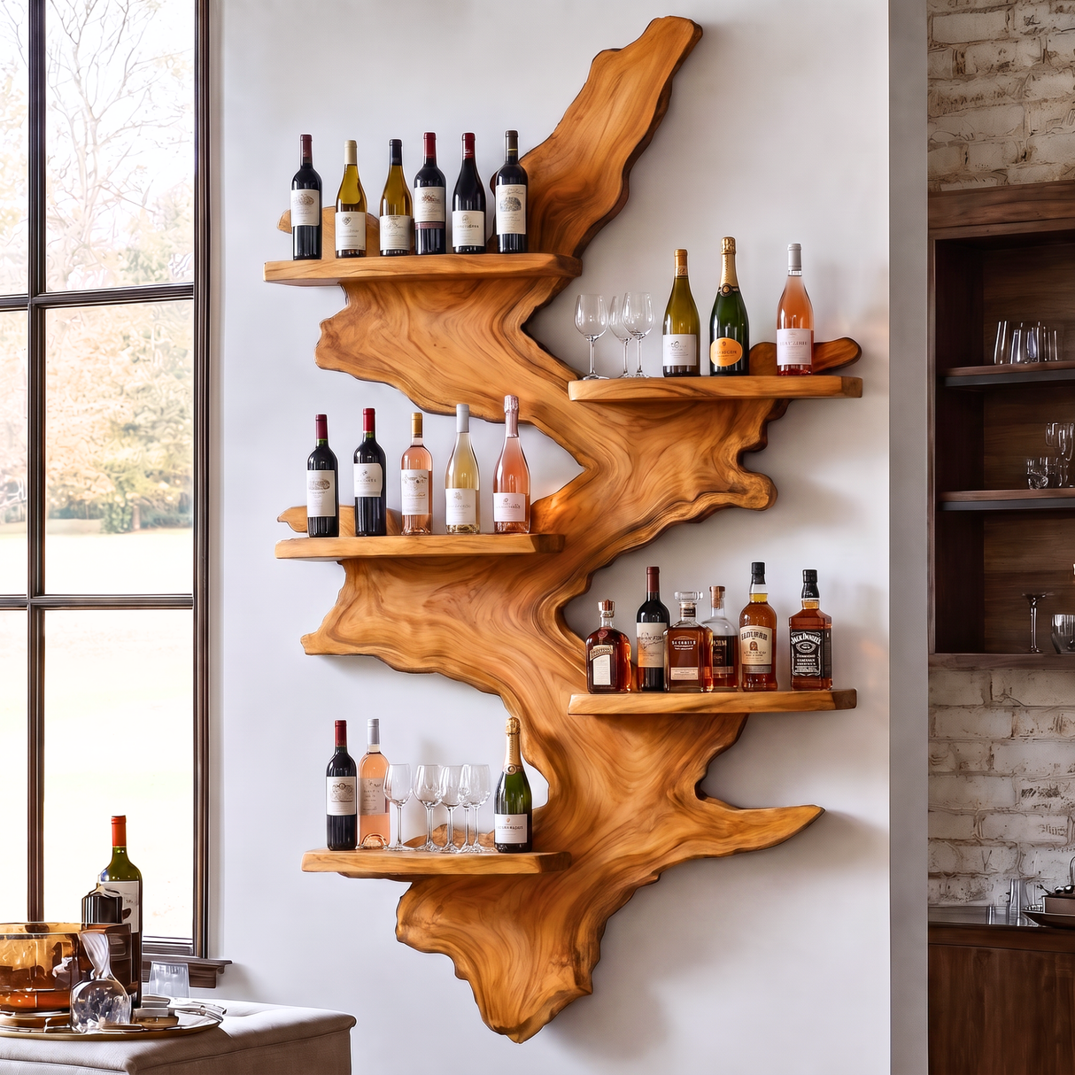 Wall Mounted Wine Rack Solid Wood with Sculptural Live Edge Slab and Floating Shelves