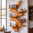 Wall Mounted Wine Rack Solid Wood with Sculptural Live Edge Slab and Floating Shelves