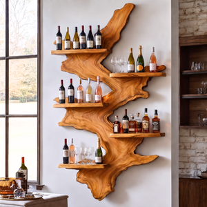 Wall Mounted Wine Rack Solid Wood with Sculptural Live Edge Slab and Floating Shelves