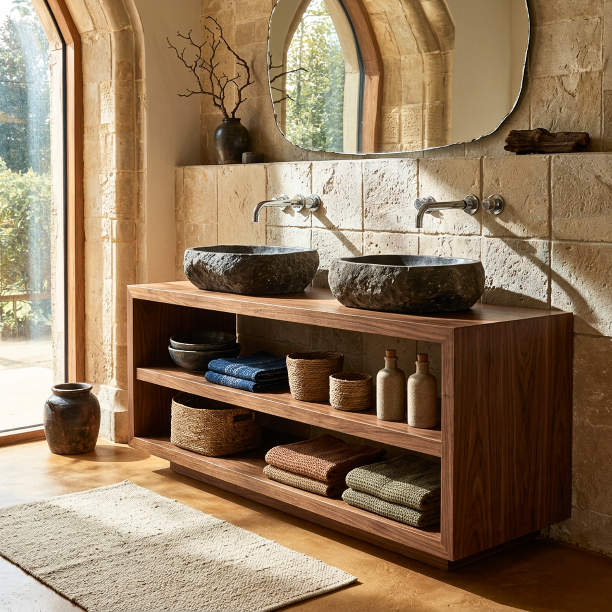Open Shelf Wood Double Bathroom Vanity