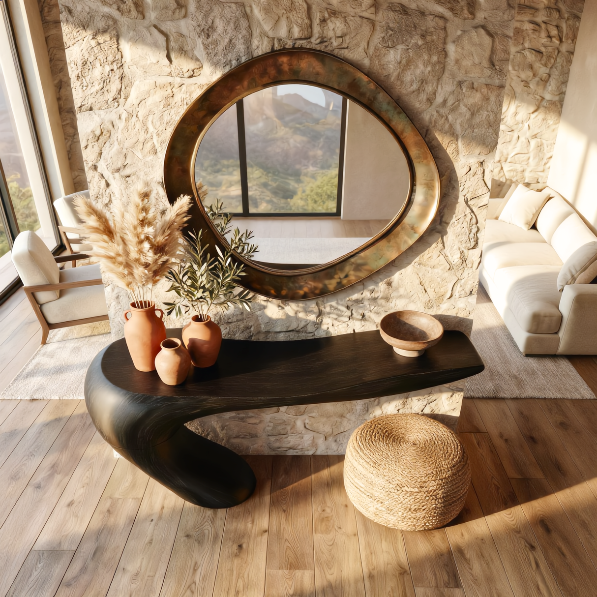 Handcrafted Solid Wood Sculptural Console Table with Curved Waterfall Base