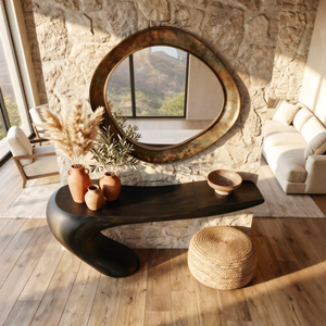 Handcrafted Solid Wood Sculptural Console Table with Curved Waterfall Base