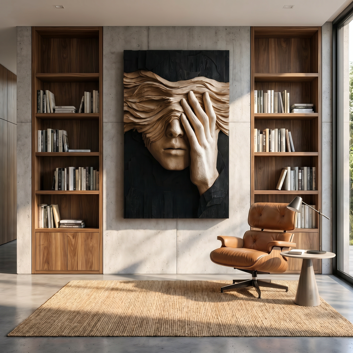 Silent Gaze Wood Wall Sculpture with Flowing Veil