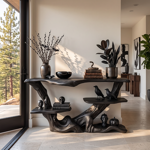 Sculptural Solid Wood Console Table with Tiered Shelves and Organic Root Base