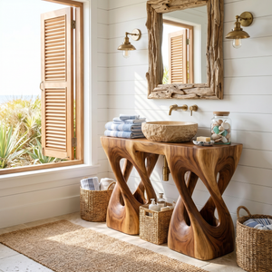 Sculptural Twisted Wood Pedestal Vanity with Organic Open Form
