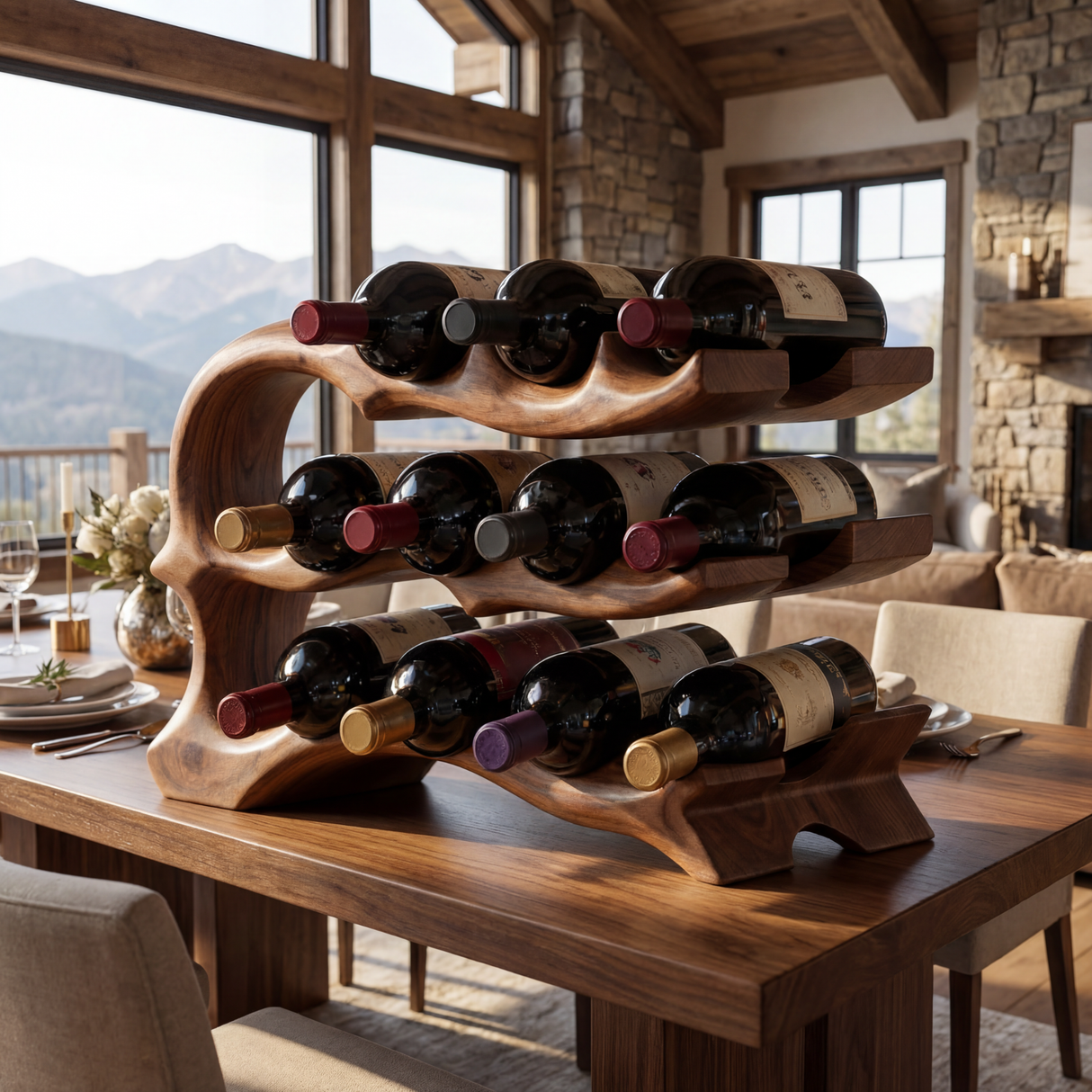 Solid Wood Wine Rack Sculptural Open Frame Bottle Holder Multi Tier Bar Display