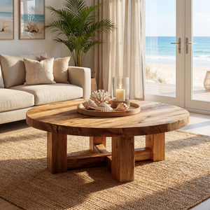 Round Wood Coffee Table with Chunky Cross Base