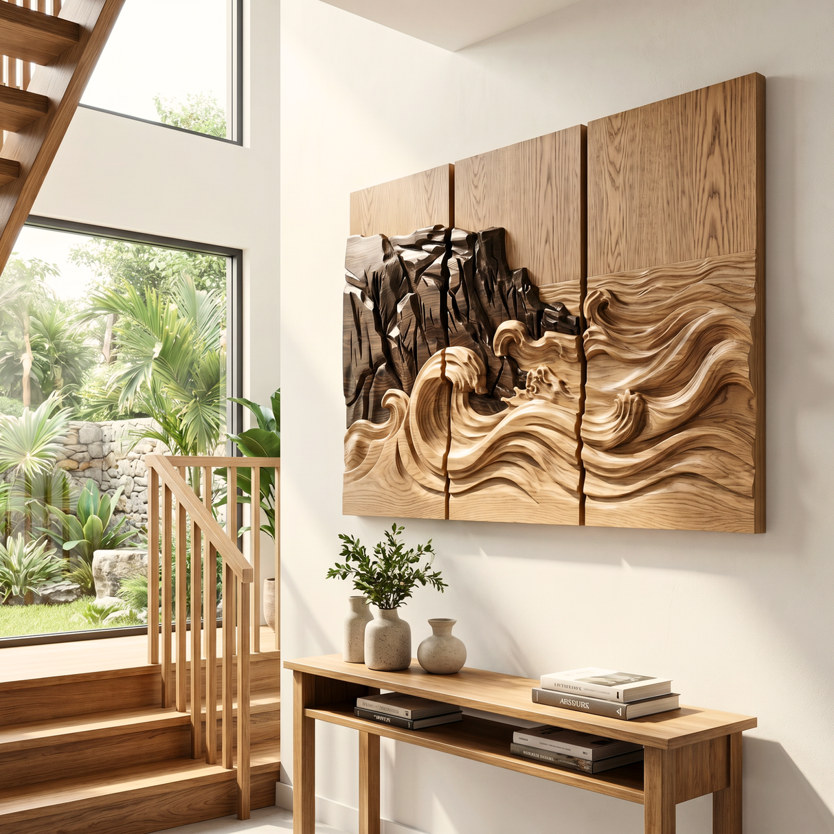 Carved Ocean Wave Triptych Wood Wall Art