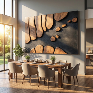 Abstract Sculptural Wood Wall Art Panel with Black Textured Ground