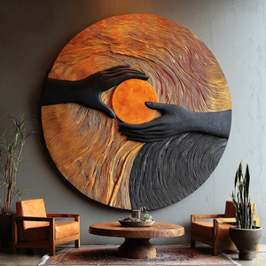 Solid Wood Wall Art with Hand Embrace Relief and Radiant Circle Center