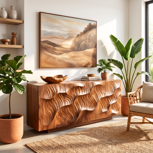 Sideboard Solid Wood with Sculptural Layered Dune Carved Doors for Living Room