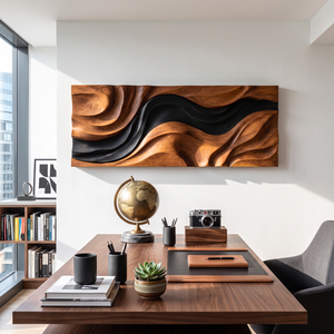 Wall Sculpture Abstract Tides with Flowing Black and Natural Wood Layers