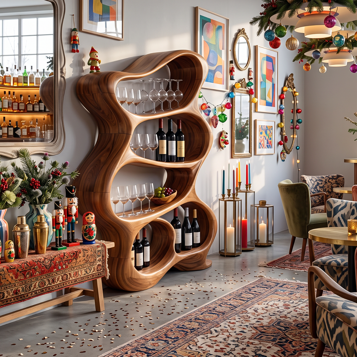 Handcrafted Solid Wood Wine Rack Cabinet with Flowing Open Shelves