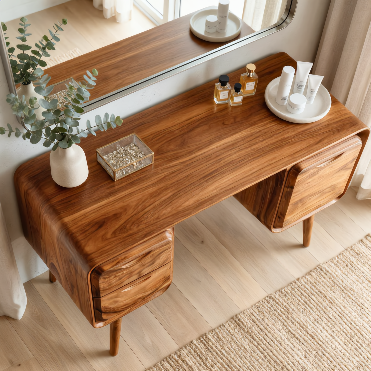 Rounded Solid Wood Vanity Table with Dual Side Drawers, Modern Dressing Table for Bedroom