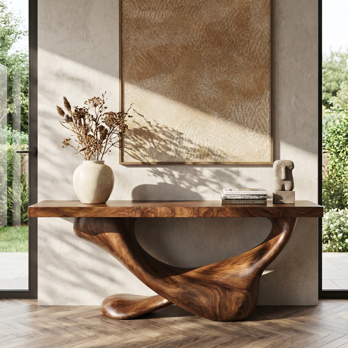 Console Table Solid Wood with Asymmetric Crescent Loop Base for Entryway Decor