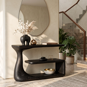 Console Table with Organic Curved Frame and Open Display Shelf