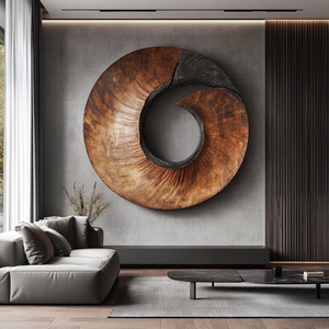 Handcrafted Spiral Wood Wall Sculpture with Open Center and Dark Textured Accent