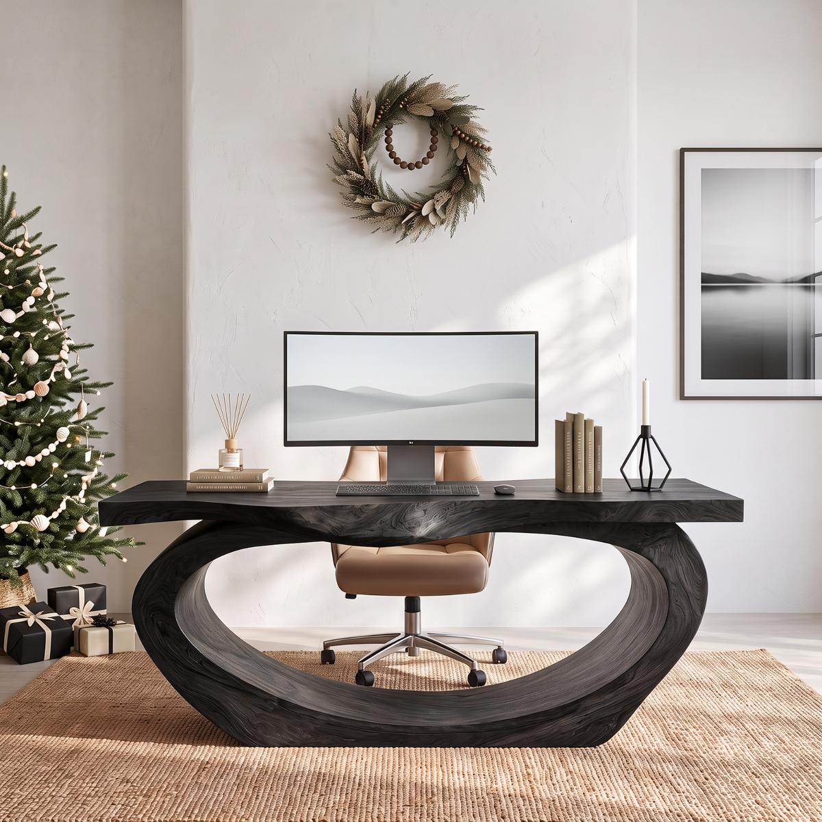 Sculptural Solid Wood Executive Desk with Flowing Oval Loop Base