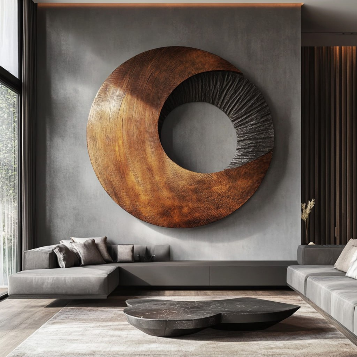 Solid Wood Oval Ring Wall Art with Radial Black Texture and Warm Grain Sweep