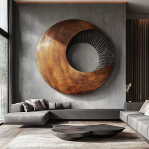 Solid Wood Oval Ring Wall Art with Radial Black Texture and Warm Grain Sweep