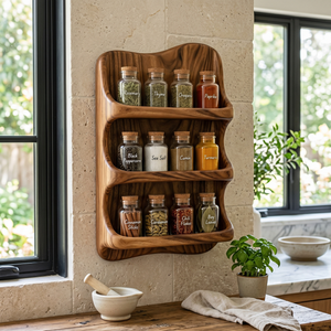 Curved Solid Wood Wall Spice Organizer with Three Open Display Tiers