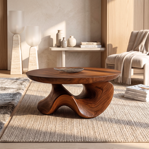 Coffee Table Solid Wood with Sculptural Organic Arch Base for Living Room