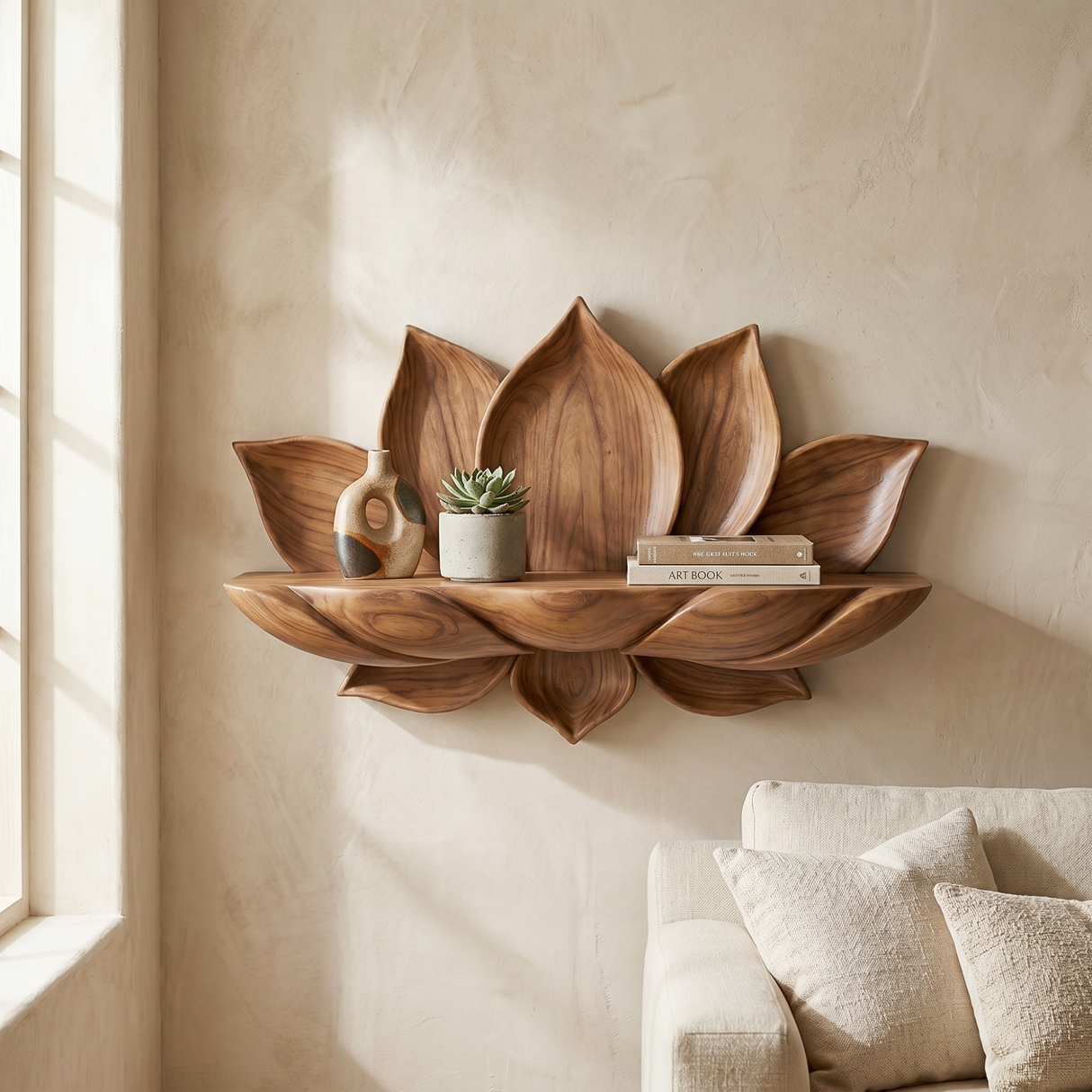 Handcrafted Natural Solid Wood Lotus Petal Wall Shelf for Decorative Display