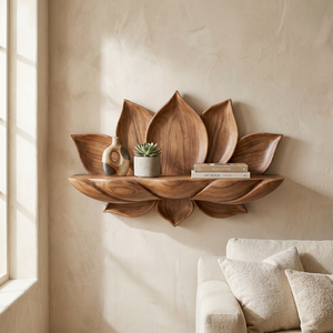 Handcrafted Natural Solid Wood Lotus Petal Wall Shelf for Decorative Display