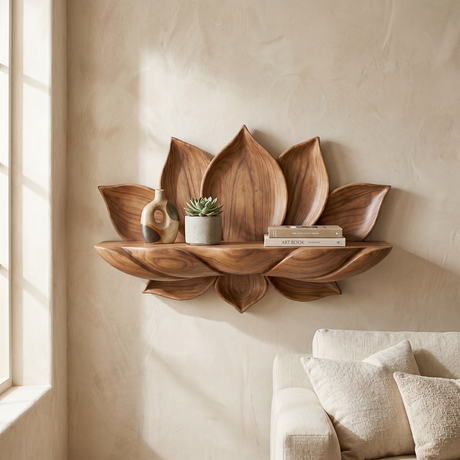 Handcrafted Solid Wood Lotus Petal Wall Shelf for Decorative Display