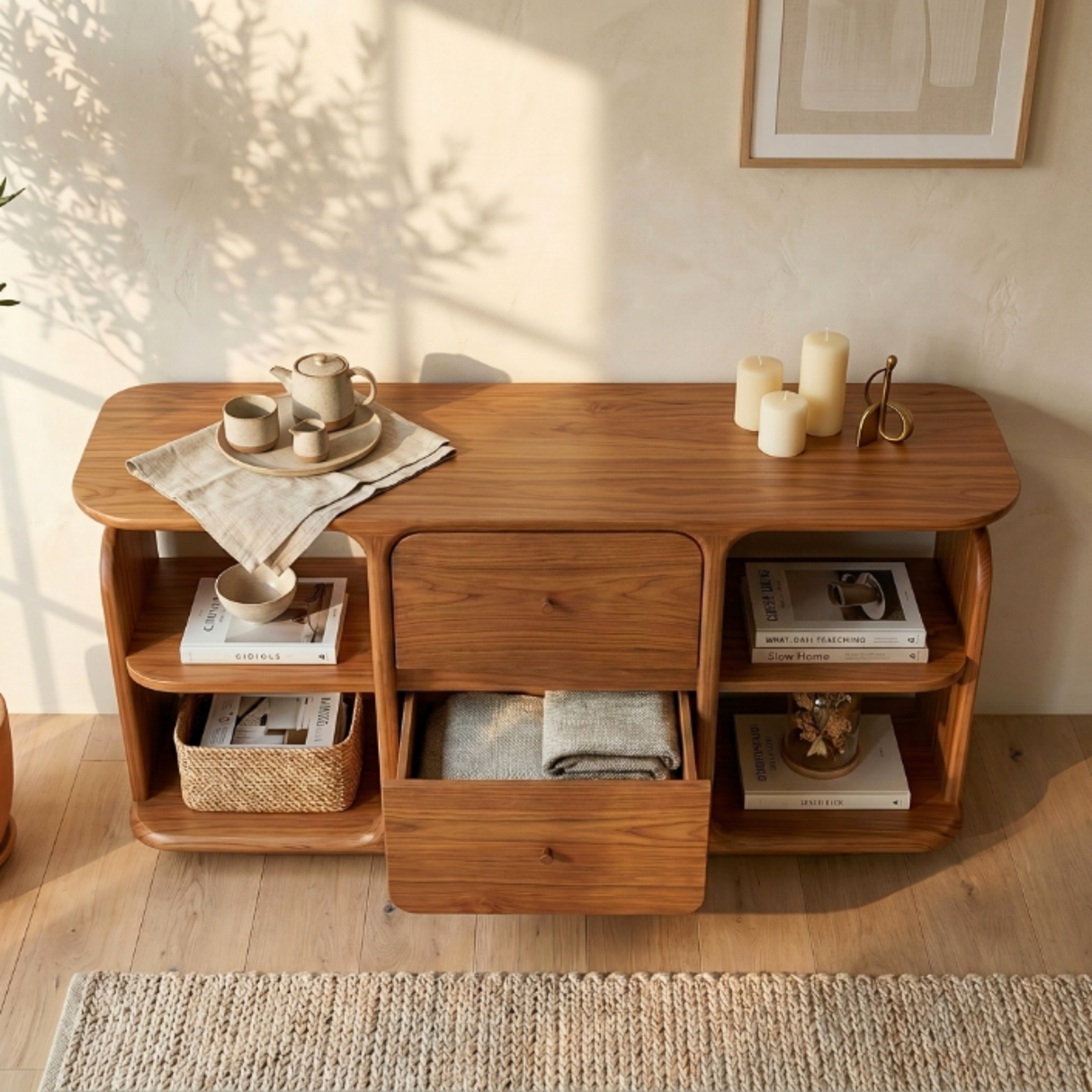 Natural Solid Wood Sideboard with Two Drawers and Open Display Shelves