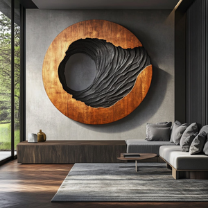 Oval Solid Wood Wall Art with Open Void and Black Carved Terrain Relief