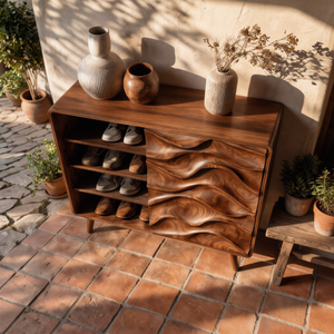 Handcrafted Solid Wood Shoe Cabinet with Wave Carved Sliding Door for Entryway