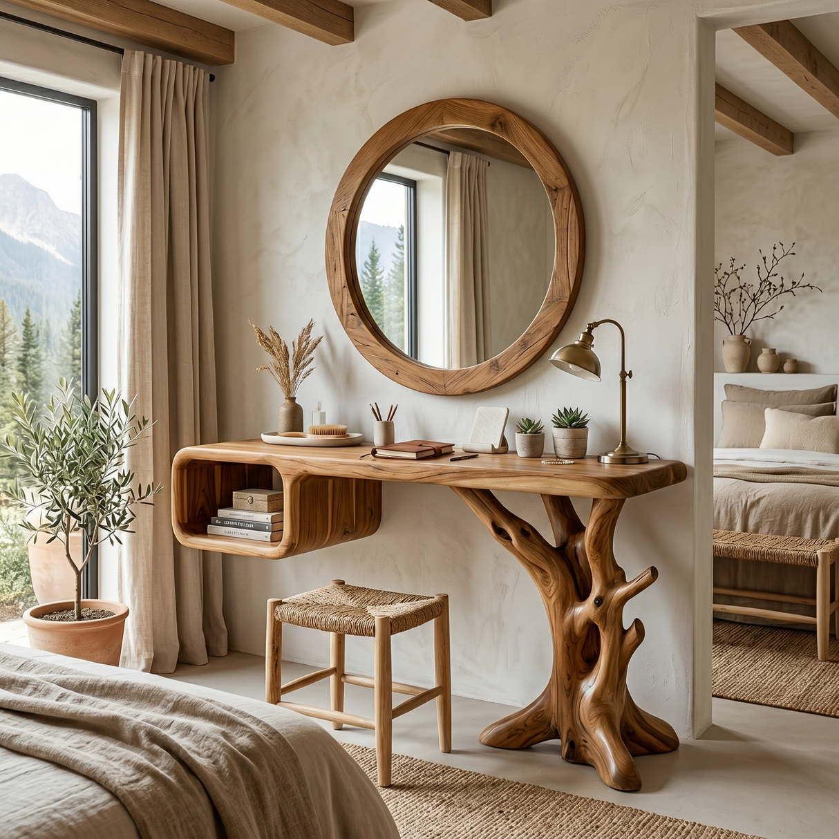 Handmade Solid Wood Vanity Table with Floating Cubby Shelf and Sculptural Tree Base